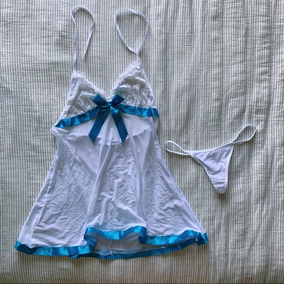 Never Worn Sheer White w/ Blue Ribbon Lingerie Set - Picture 1 of 1